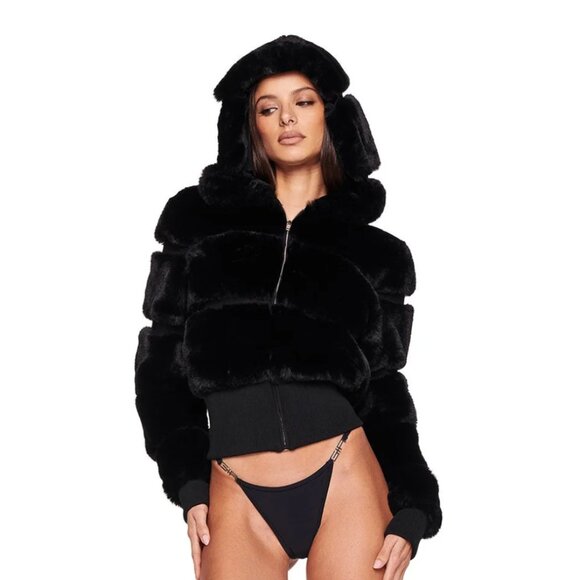 I AM GIA Black faux fur MARLOW hooded jacket XXS - Picture 1 of 4